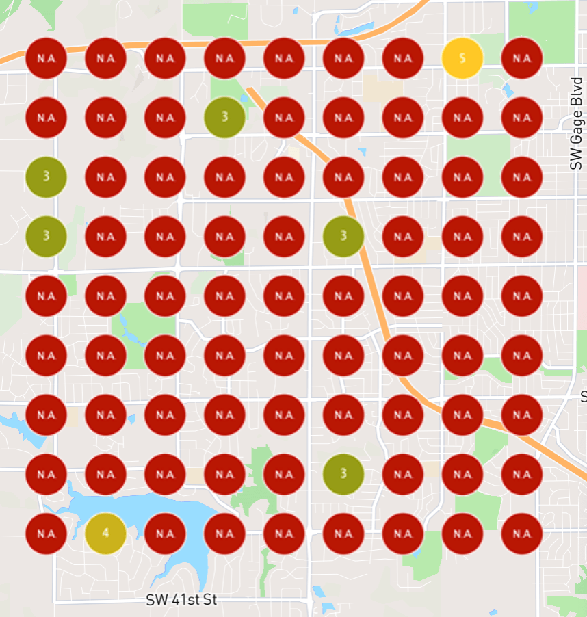 Day 1 baseline geogrid for the keyword Deck Design, showing ranking positions across a client's service area before the 10-day boost