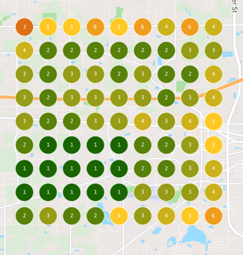 Local Rank Tracker geogrid showing Top-3 Map Pack coverage for another ServiceLine Pro client market