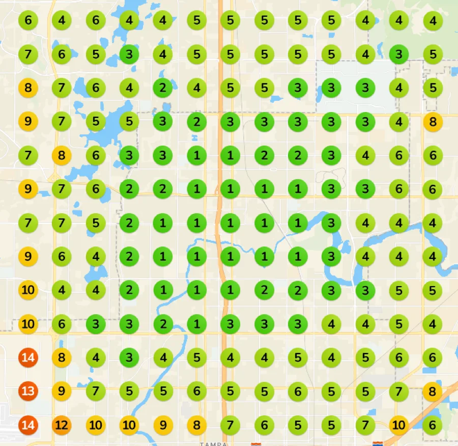 Geogrid 45 days into the Local SEO Campaign showing Top-3 Map Pack coverage spreading across the Tampa service area