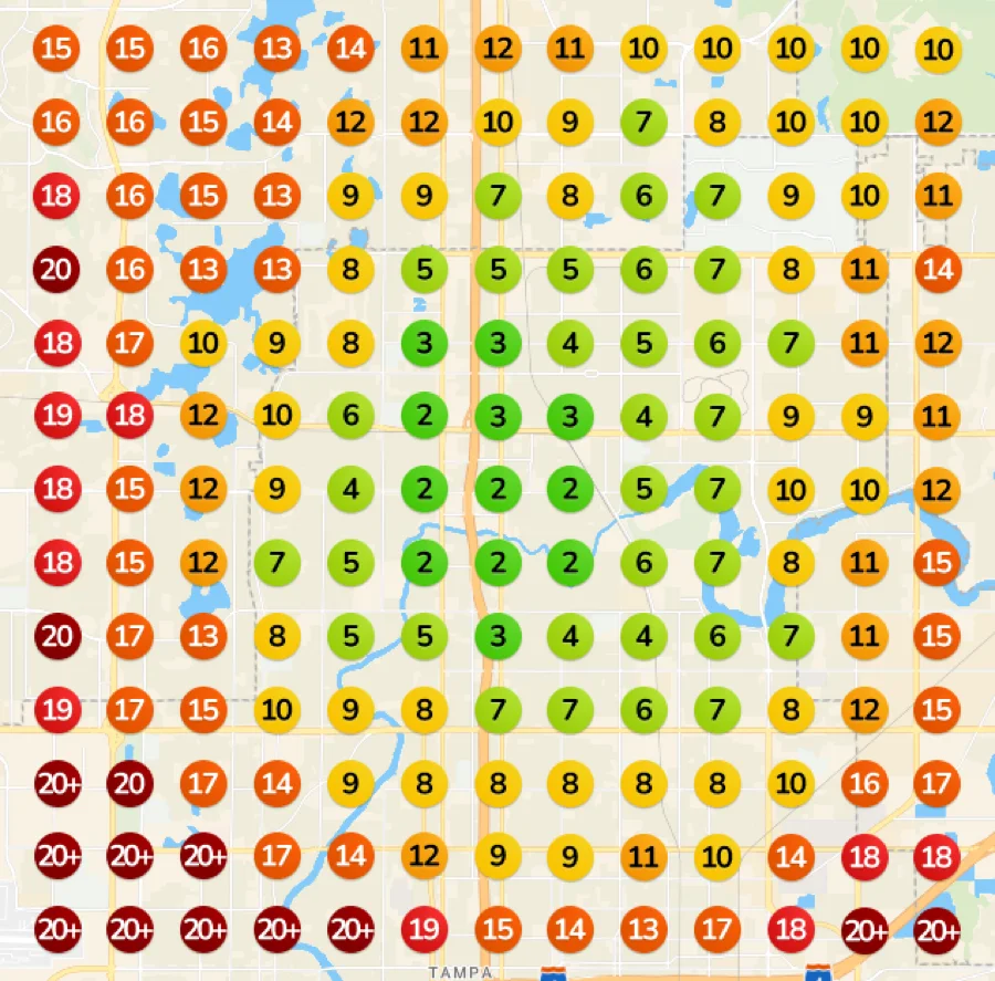 Baseline geogrid at campaign kickoff showing a Tampa plumbing client ranking outside the Map Pack across most of the service area