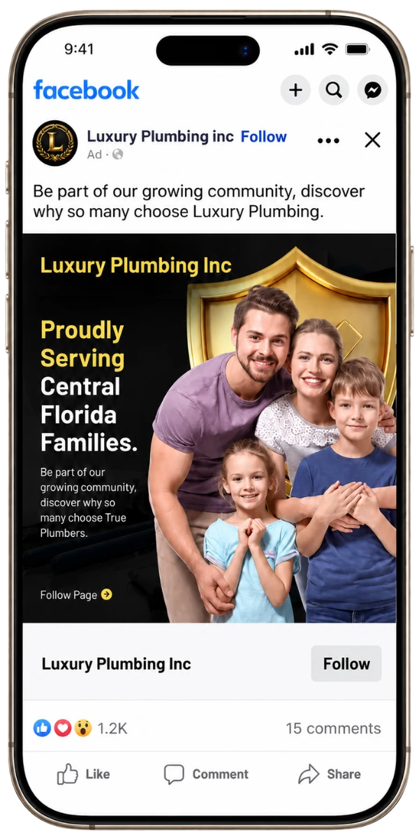 Facebook sponsored ad for a local plumbing company shown inside an iPhone