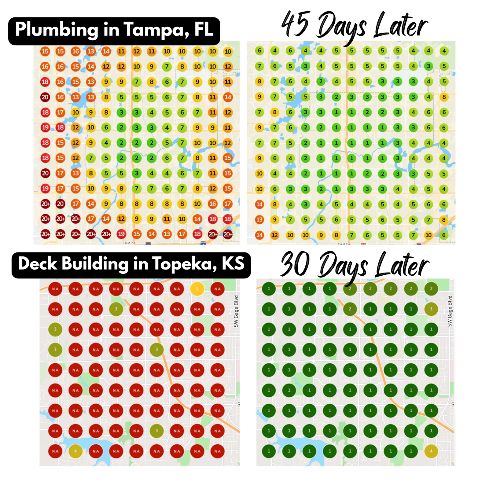 Real client ranking grids before the campaign and 45 days later: plumbing in Tampa, FL and deck building in Topeka, KS
